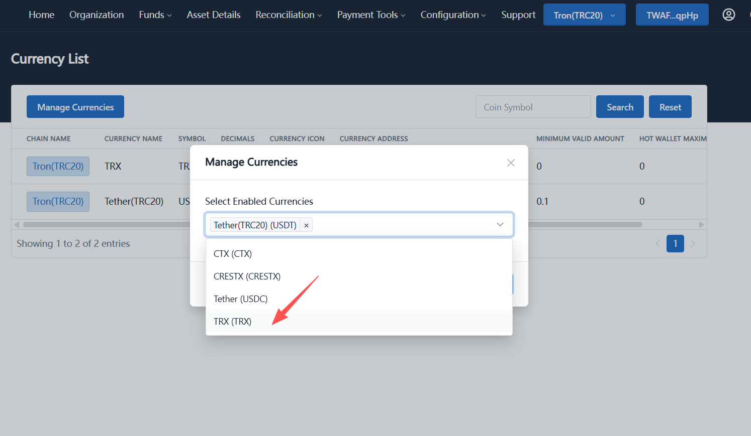 Manage currencies modal