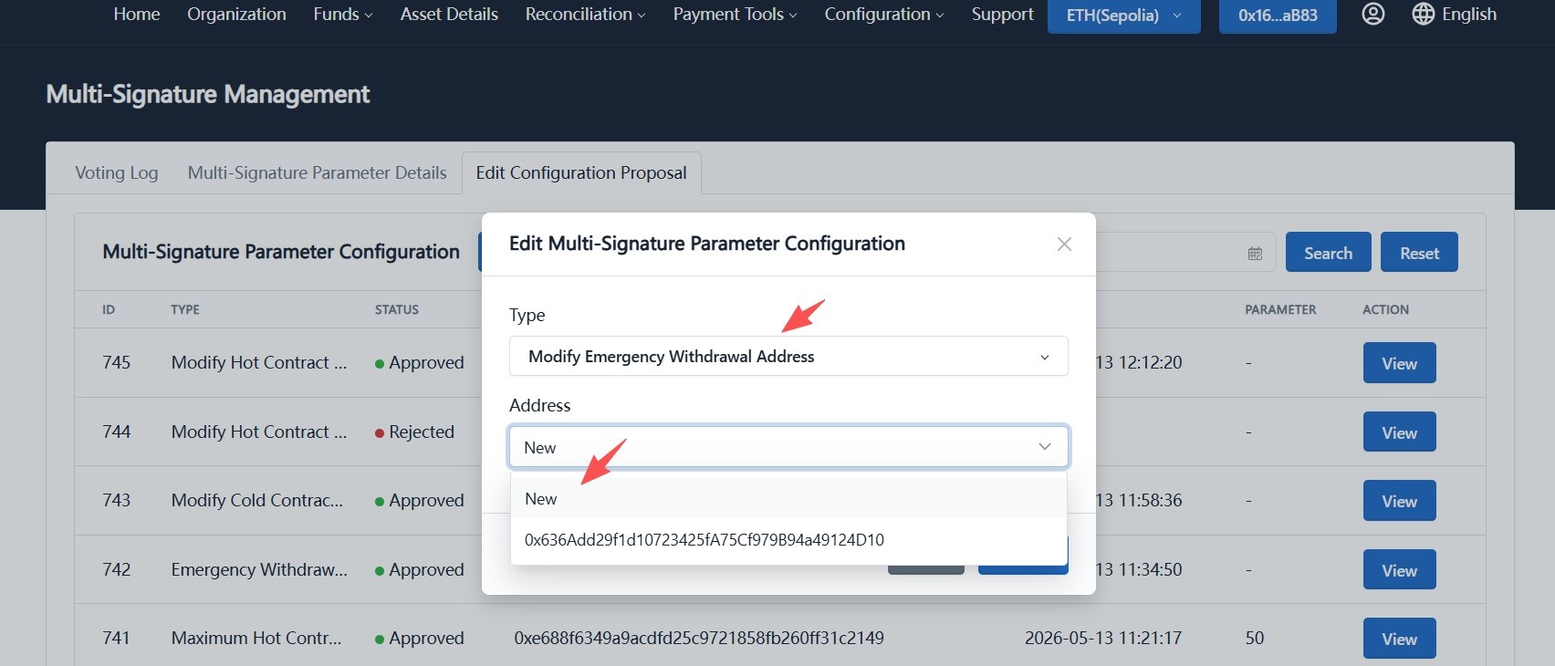 Select modify emergency sweep address