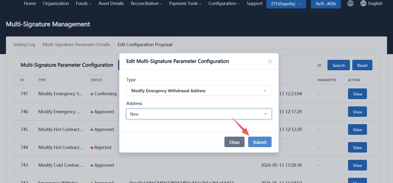 Create emergency withdrawal address proposal