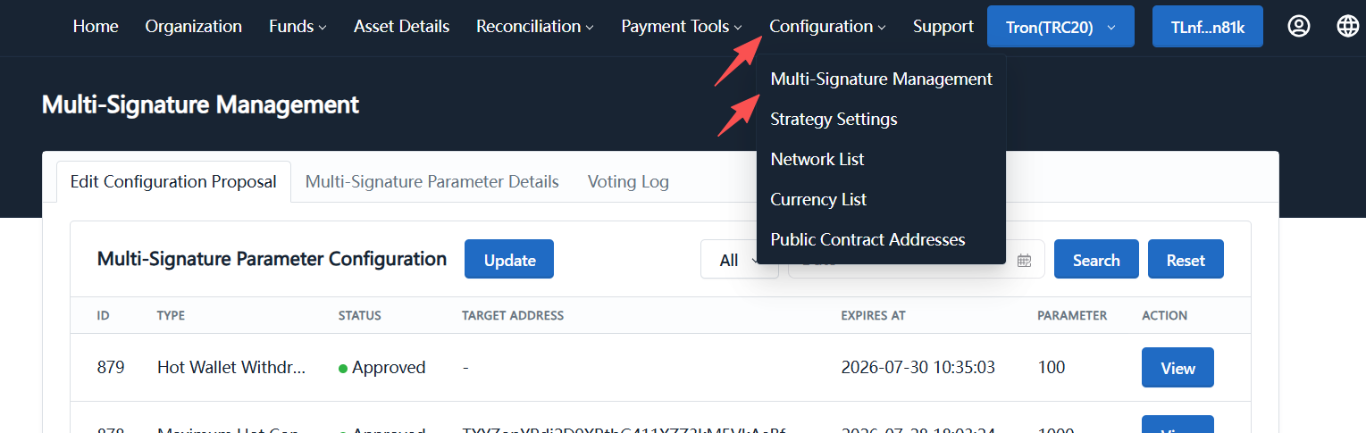 Multisig management page