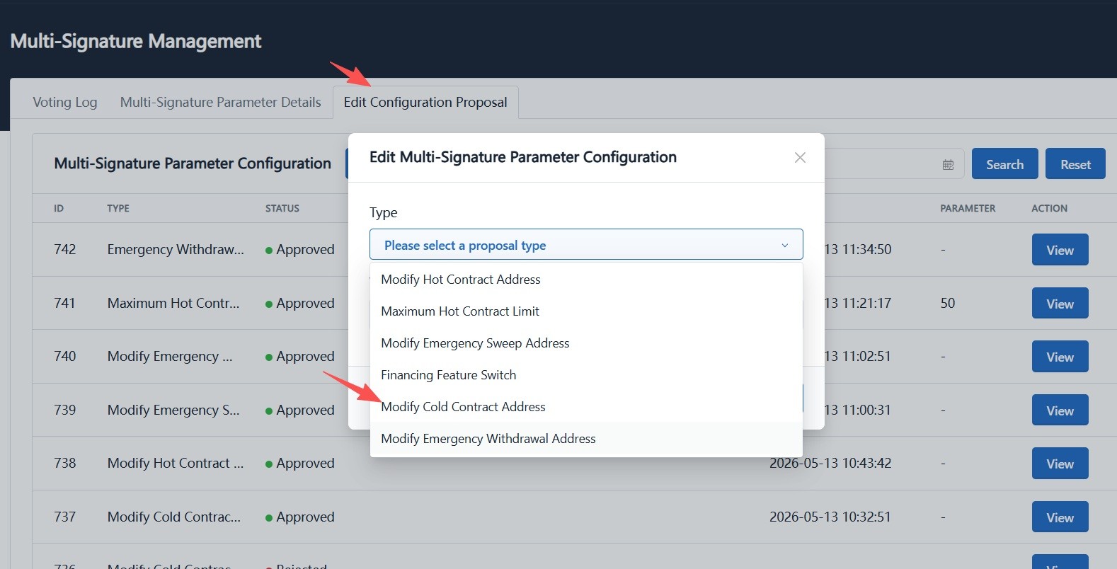 Select modify cold contract address