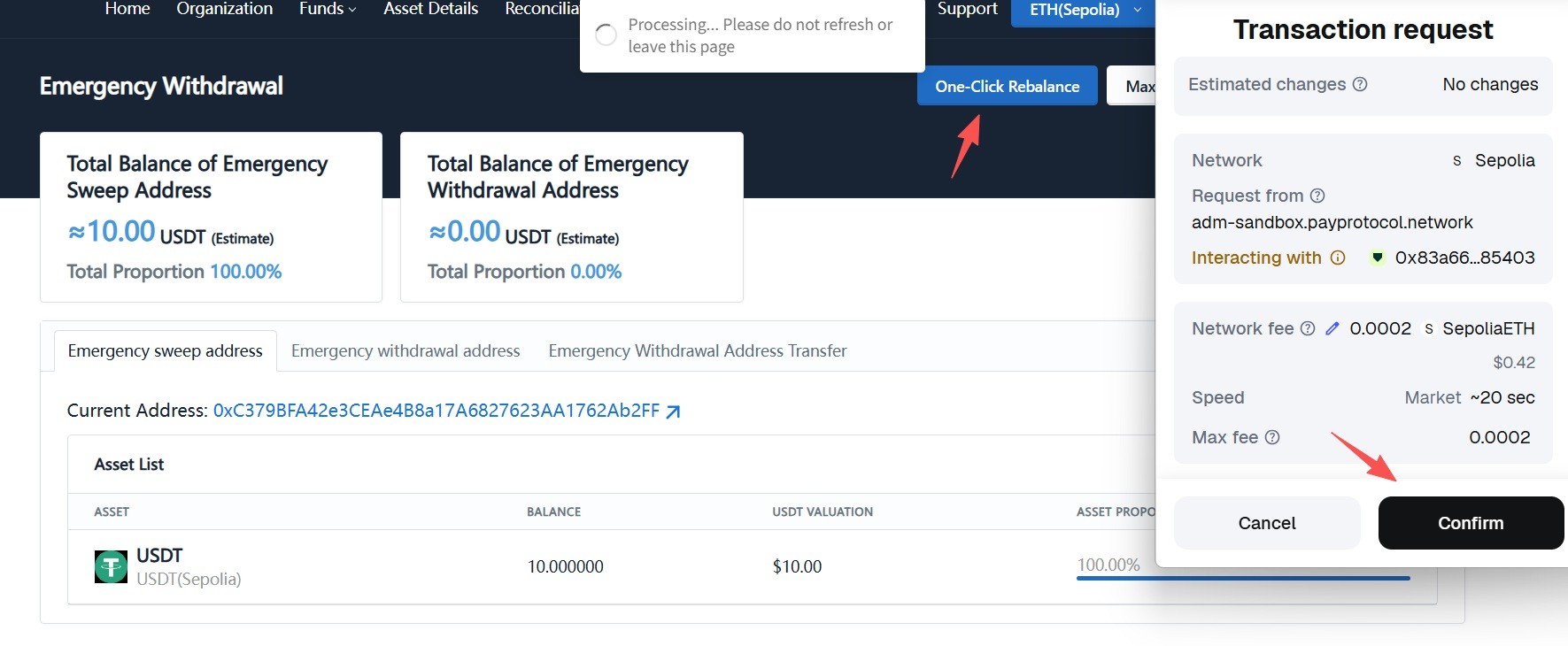 Run one-click rebalance again and confirm on-chain