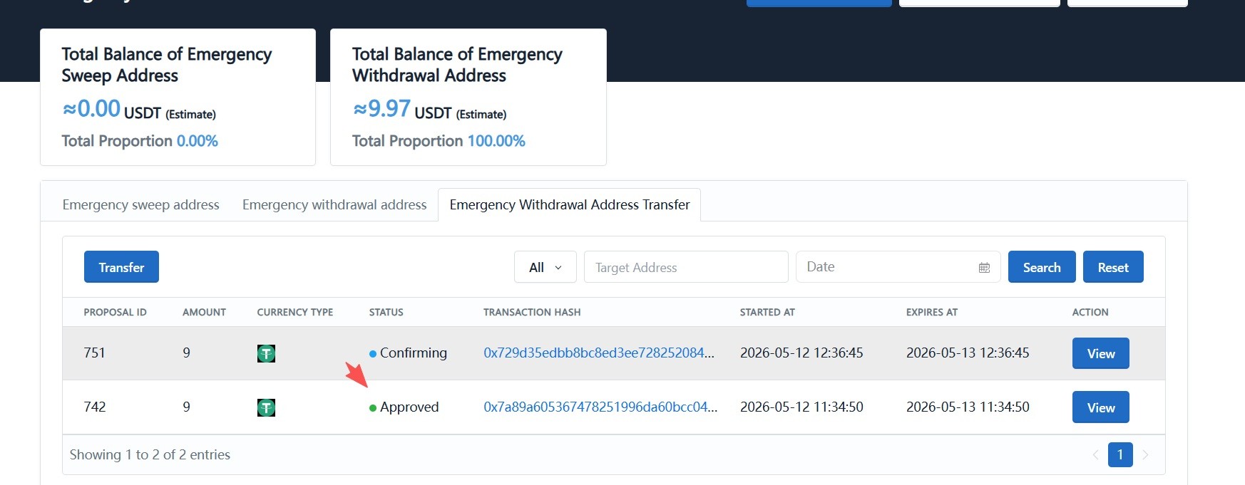 Multisig approve transfer proposal and submit on-chain