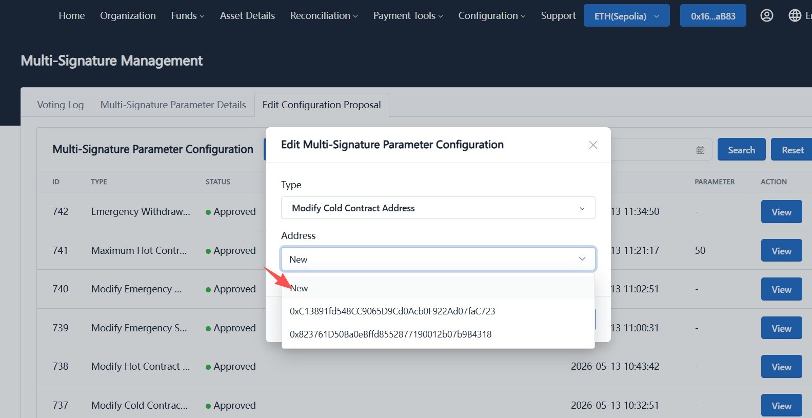 Choose new or historical cold contract address