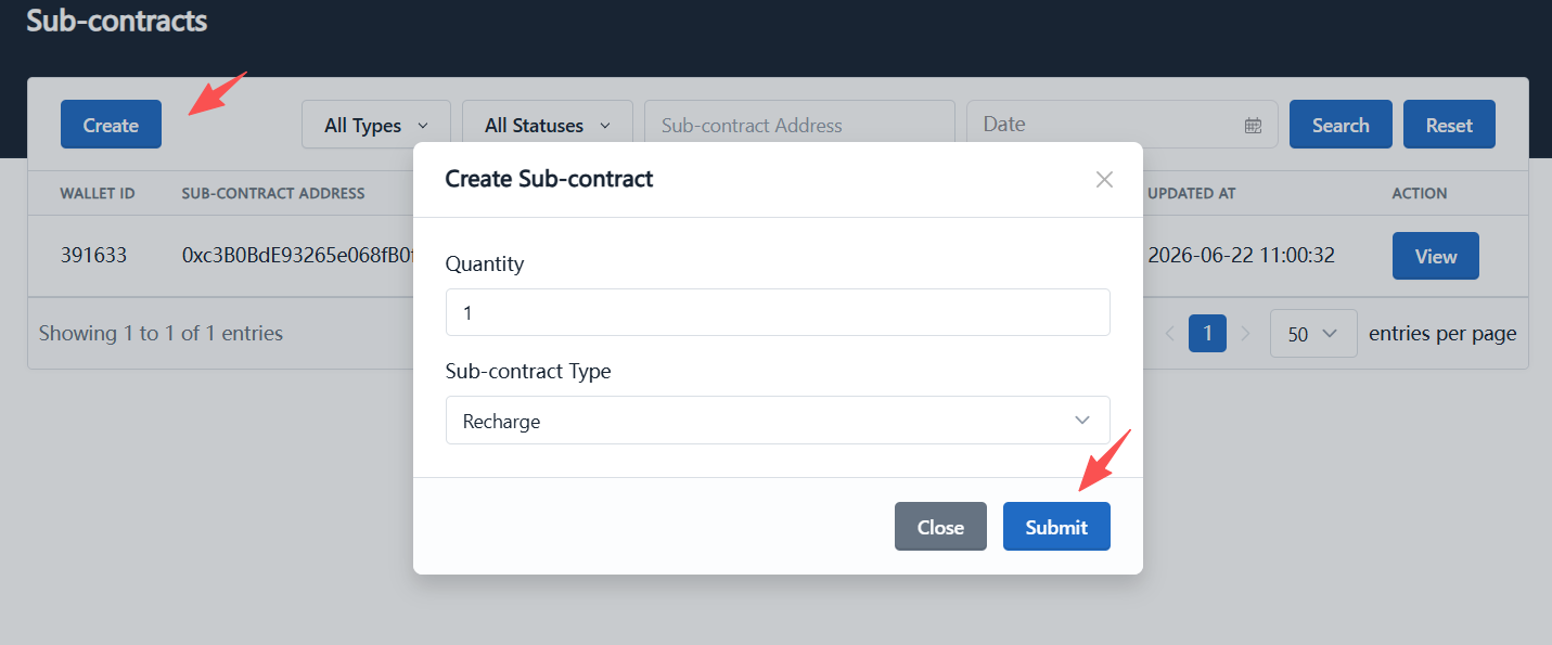 Create sub-contract dialog